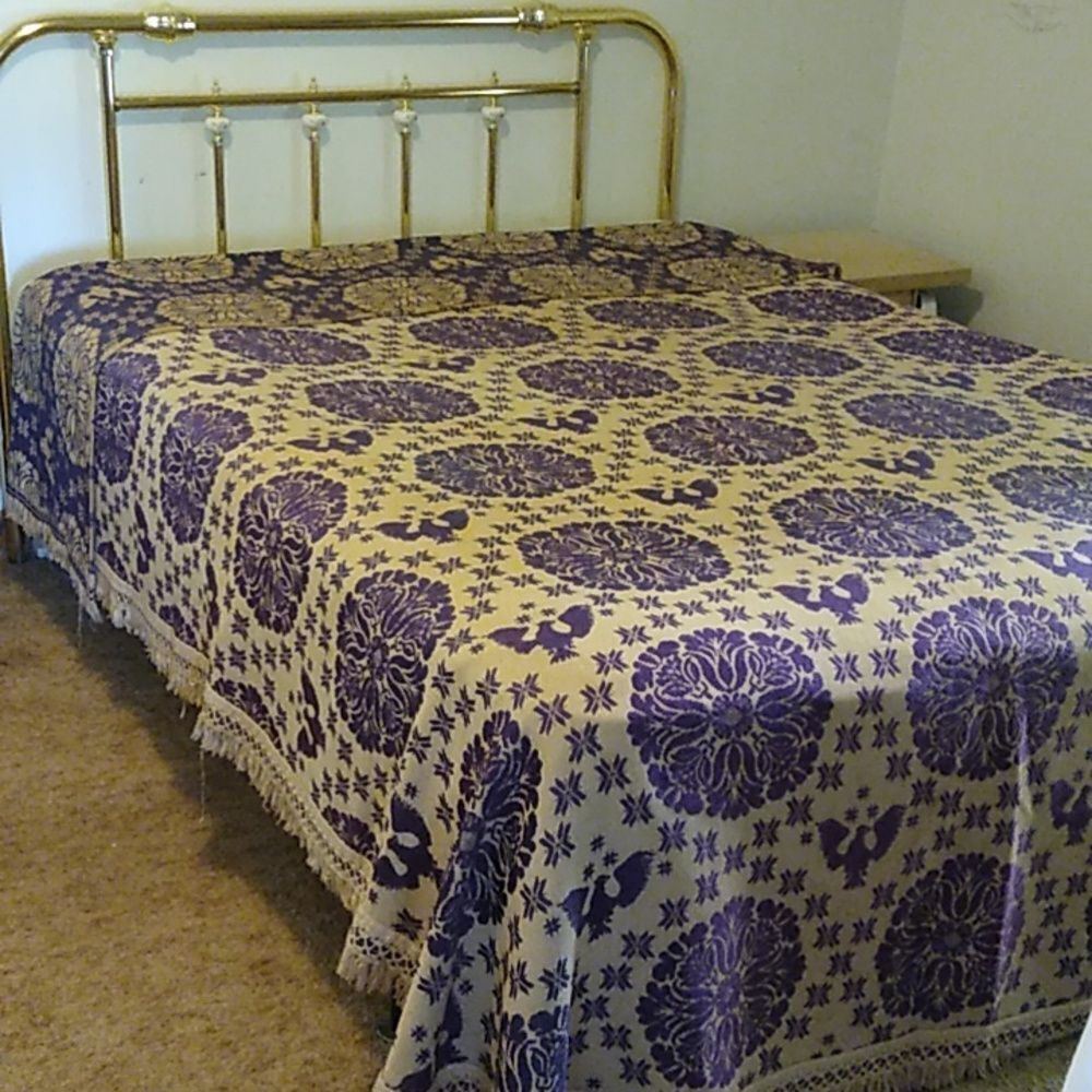 Vintage Woven Purple and White Reversible Coverlet w/ Eagle, Dutch Tulip Motif